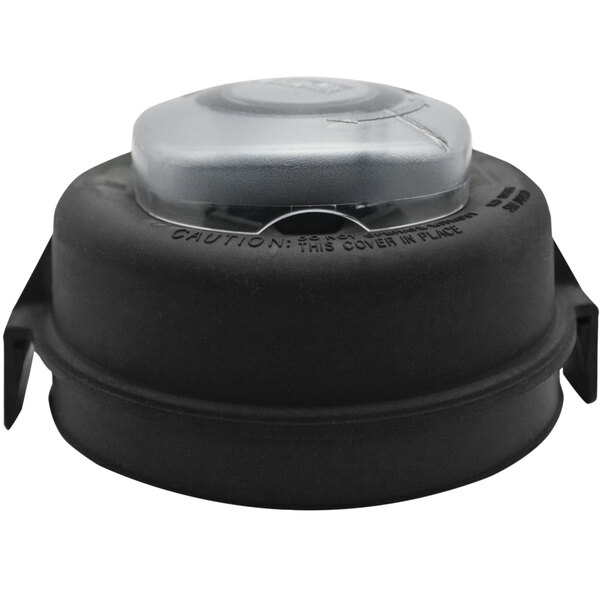 A black plastic lid with a clear plug on top for a round container.
