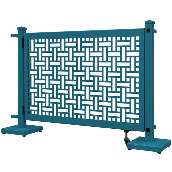 A teal metal SelectSpace square weave gate with straight and corner stands.