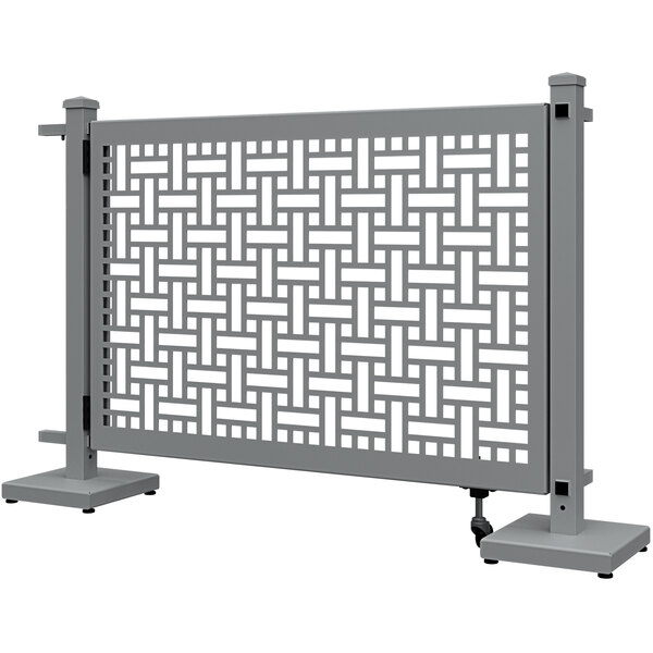 A grey metal SelectSpace square weave pattern gate with straight and corner stands.