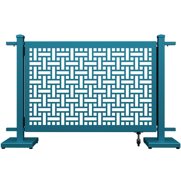 A teal square weave pattern gate with straight stands on a white background.