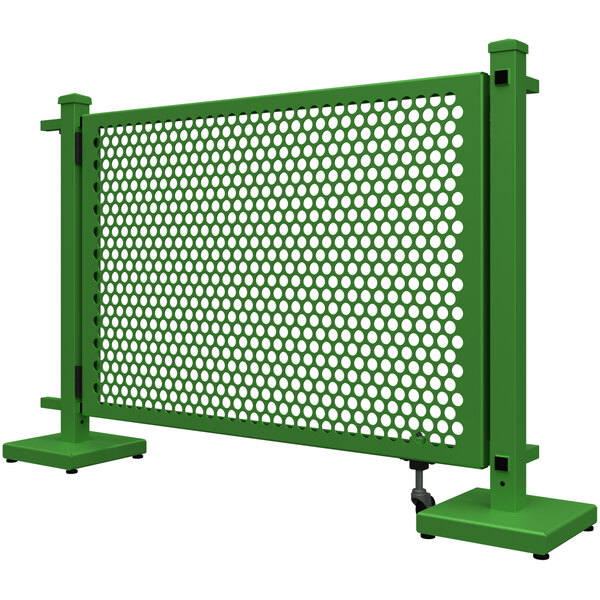 A green metal SelectSpace gate with a circle pattern and stands.