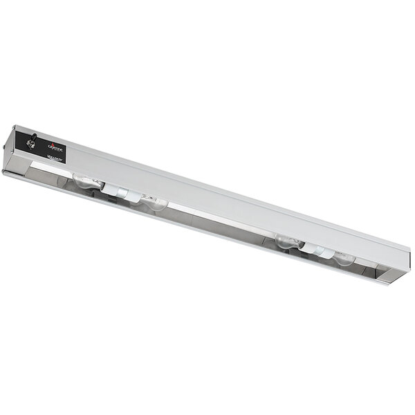 A long silver Vollrath light strip with two lights on it.