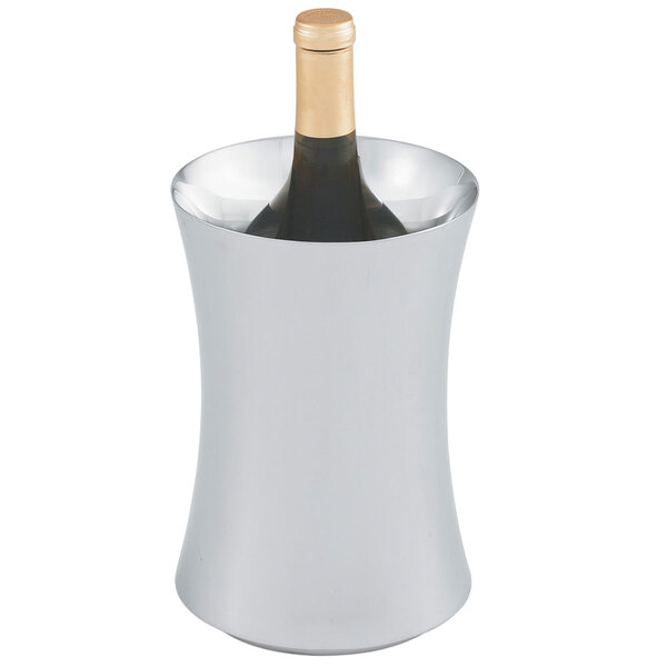 A Vollrath silver double wall insulated wine cooler holding a bottle of wine.