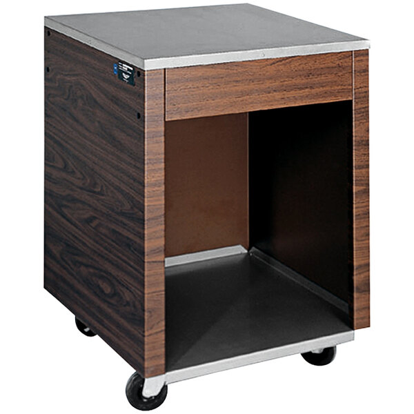 A wood and metal cart with wheels and a shelf for Vollrath 38700 Portable Cashier Station.