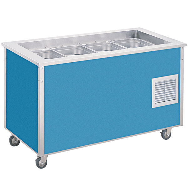 A Vollrath stainless steel refrigerated cold food station on a stainless steel counter with wheels.