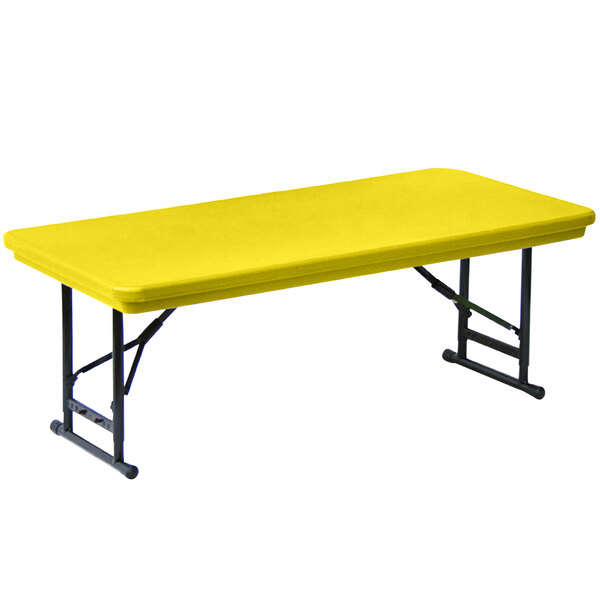 A yellow rectangular Correll folding table with short black legs.