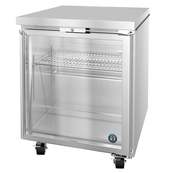 A stainless steel Hoshizaki undercounter refrigerator with glass doors.