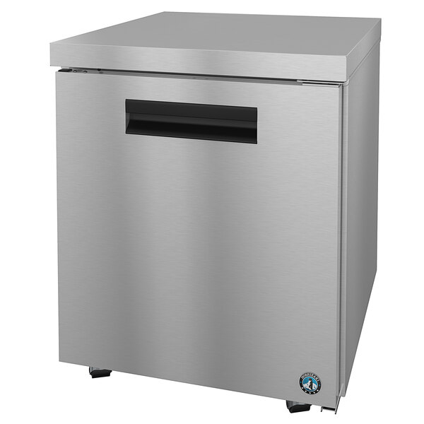 A stainless steel Hoshizaki undercounter freezer with a black door handle.