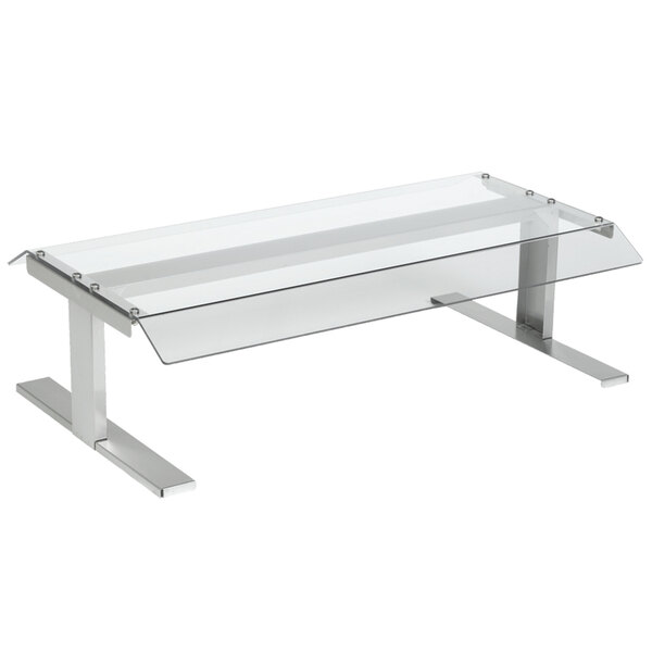 A white rectangular polycarbonate sneeze guard with metal stands on a Nemco roller grill.