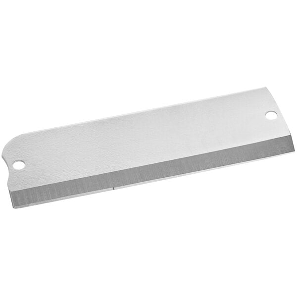 A silver rectangular razor blade with a white handle.