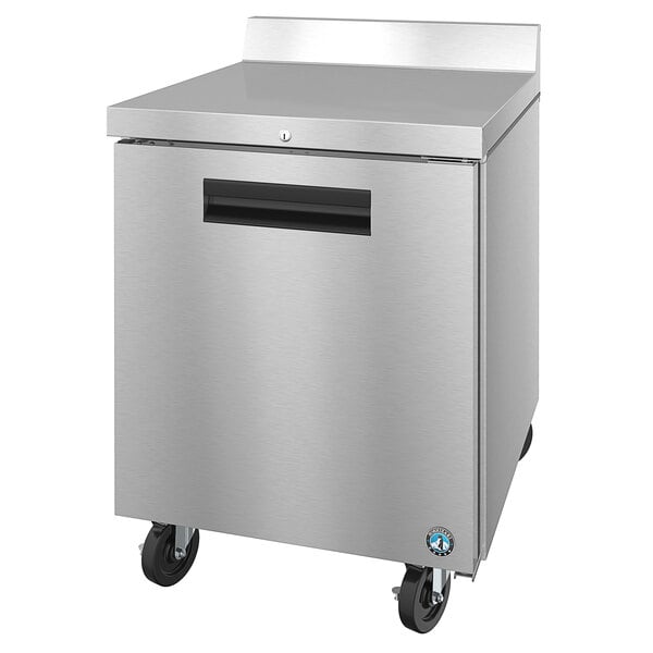 A stainless steel Hoshizaki worktop refrigerator with a black handle.