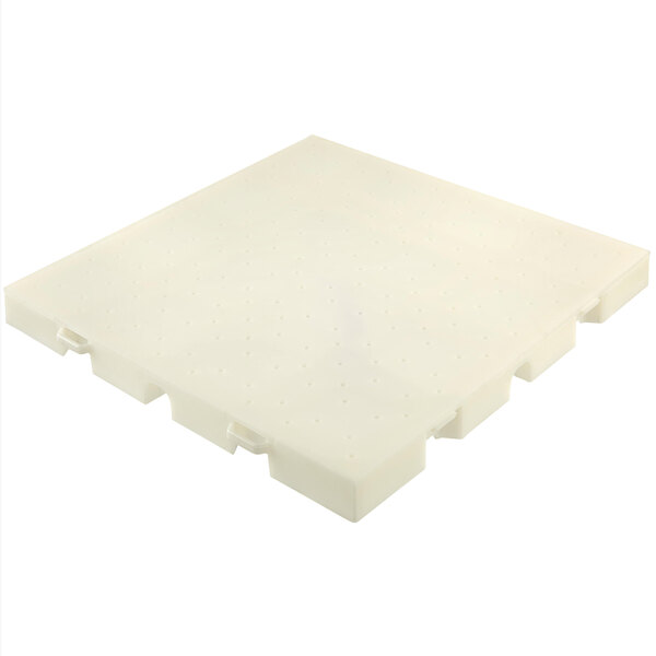 A white plastic EverBlock Flooring drainage top square with four compartments and holes.