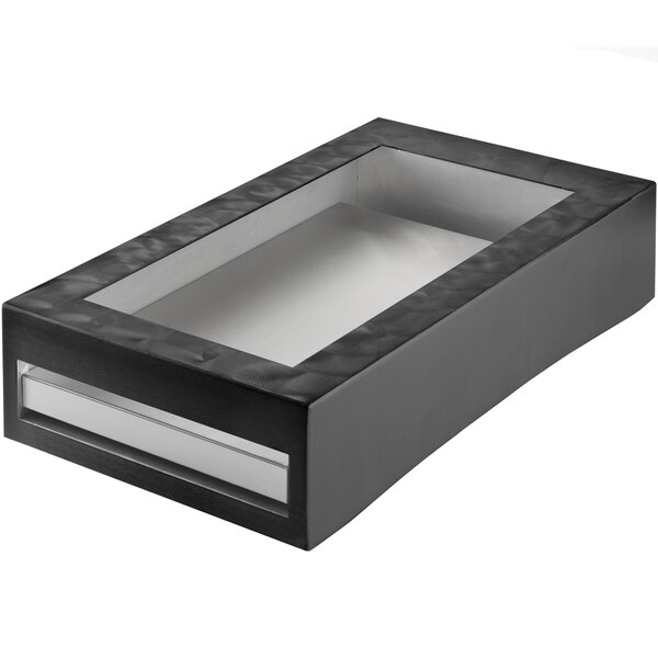 A black rectangular aluminum cooling station with a white interior and black border.