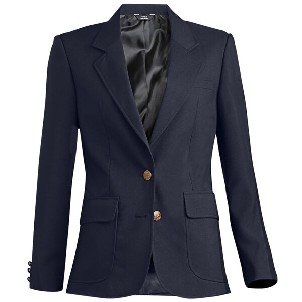A Henry Segal navy blazer for women with gold buttons.