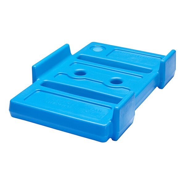 A blue plastic Cambro Camchiller with two holes.
