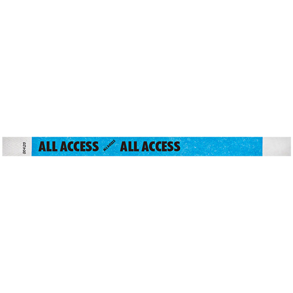 A blue wristband with black text reading "ALL ACCESS" on a white background.