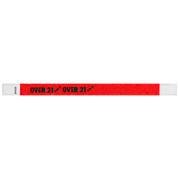 A red Tyvek wristband with "OVER 21" in white text.