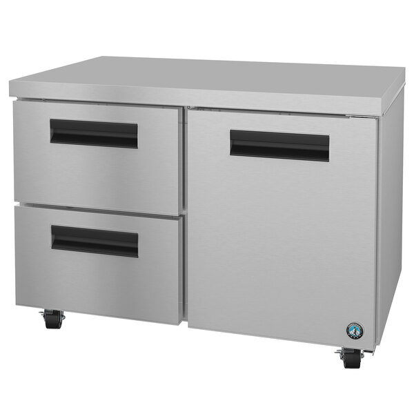 A stainless steel Hoshizaki undercounter refrigerator with drawers.