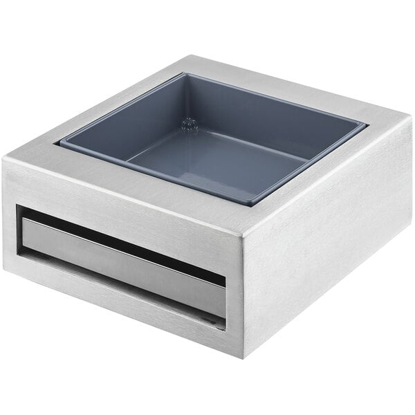 A silver Tablecraft aluminum cooling station with a black tray inside.