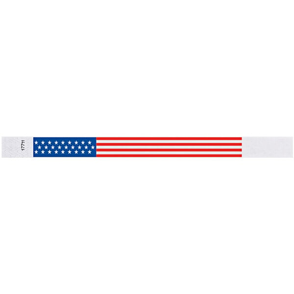 A white wristband with a red and blue American flag design.