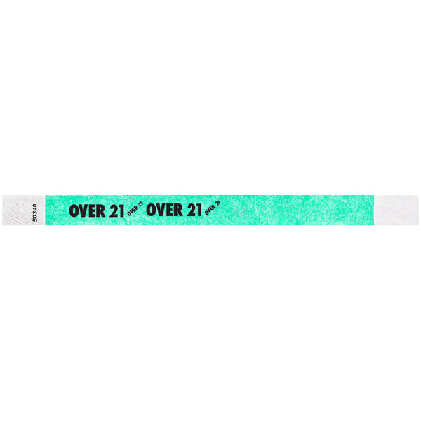 A green Carnival King wristband with the words "OVER 21" in black.