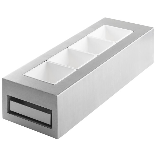 A clear brushed aluminum Tablecraft modular cooling station with white inserts on a white surface.