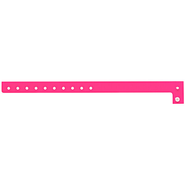 A neon pink plastic wristband with white dots and holes.
