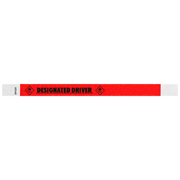 A red Tyvek wristband with a red and white strip and black text that says "DESIGNATED DRIVER"