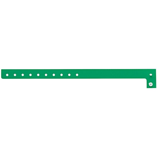 A green plastic strip with holes and a white dot on it.