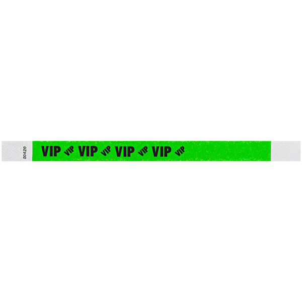 A neon green wristband with black text reading "VIP" on a green strip.