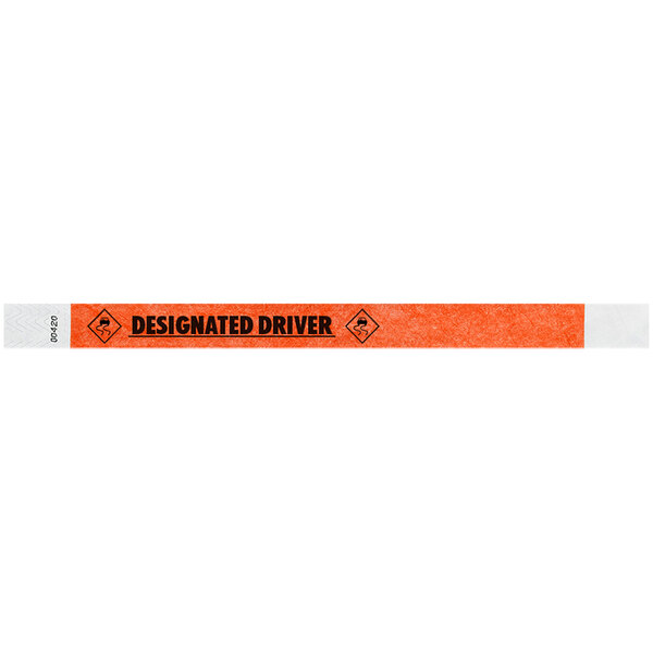 A white wristband with the word "DESIGNATED DRIVER" in orange.