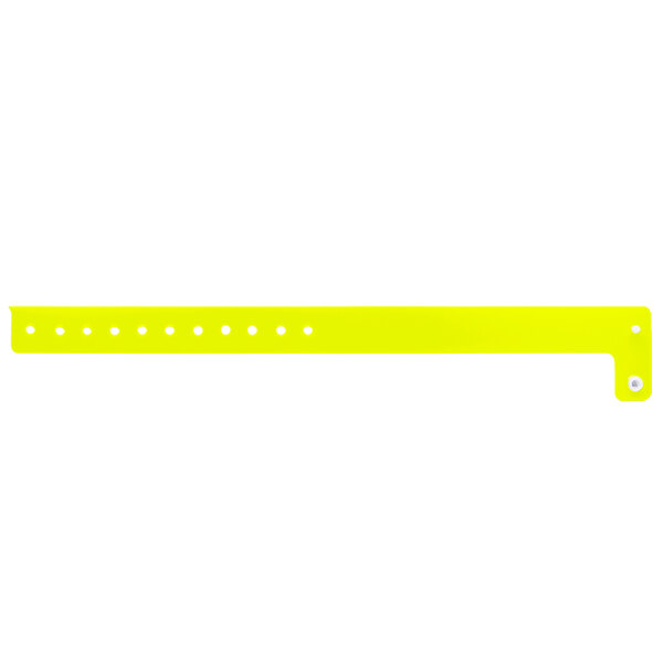 A yellow rectangular plastic wristband with white circles on it.