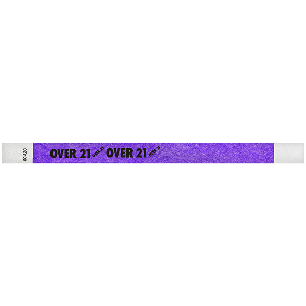 A purple paper wristband with black "OVER 21" text.
