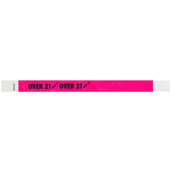 A neon pink Carnival King wristband with the words "OVER 21" in white.