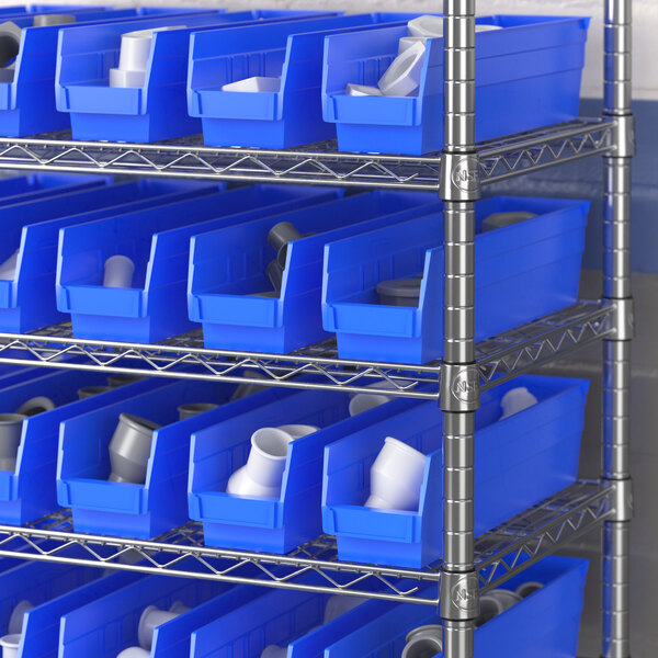 Regency blue plastic bins on a metal shelf.