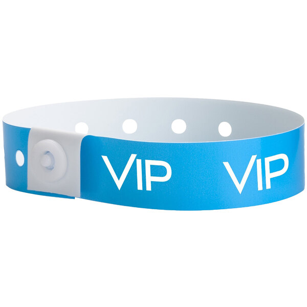A blue wristband with the word "VIP" in white text.