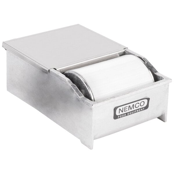 A silver metal Nemco 8150-RS1 Heated Butter Spreader container with a roll of paper.