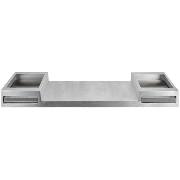 A silver rectangular Tablecraft brushed aluminum double butane station with two compartments.