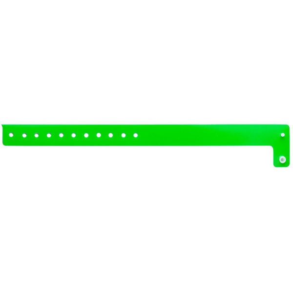 A green plastic wristband with holes.