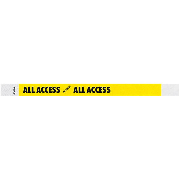 A neon yellow wristband with a yellow and white striped pattern and black text that reads "ALL ACCESS"