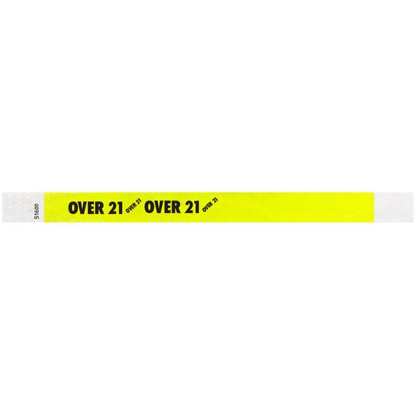 A yellow Carnival King wristband with the words "OVER 21" in white.