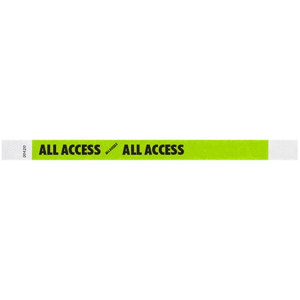 A white wristband with green and black text that says "ALL ACCESS"