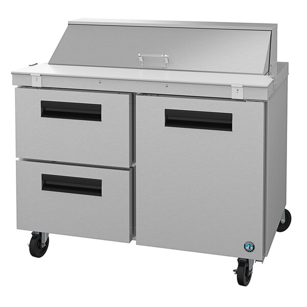 A Hoshizaki stainless steel refrigerated sandwich prep table with two drawers.