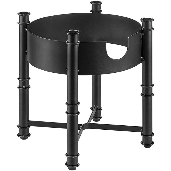 A Tablecraft black powder-coated steel beverage dispenser stand with three legs.
