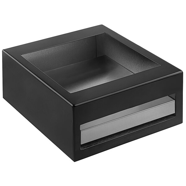 A black brushed aluminum half size modular cooling station with a clear window on top.