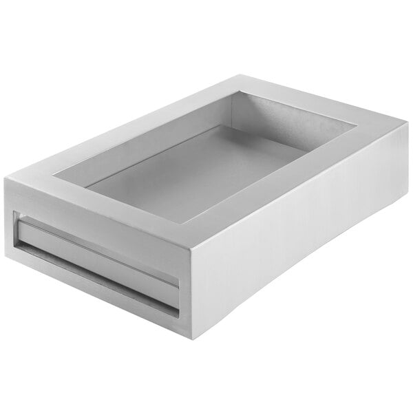 A silver rectangular Tablecraft cooling station with a window on the lid.