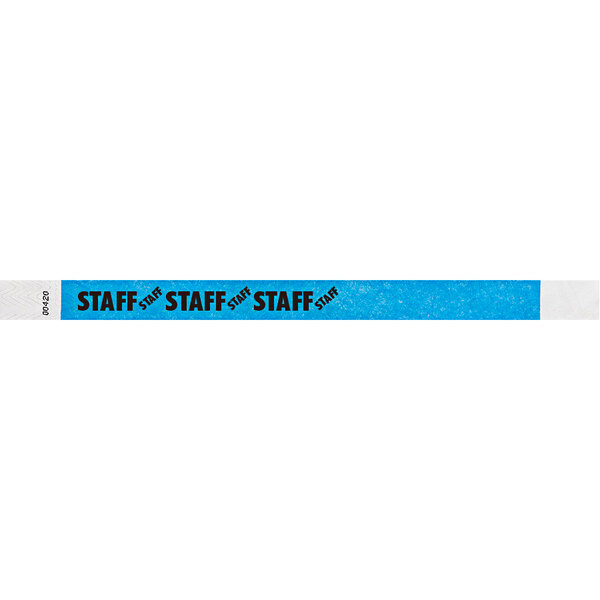 A blue rectangular Tyvek wristband with black text reading "STAFF" and a star.