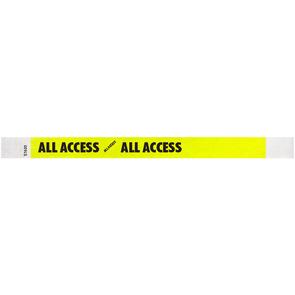A yellow wristband with a white strip and black text that reads "ALL ACCESS"