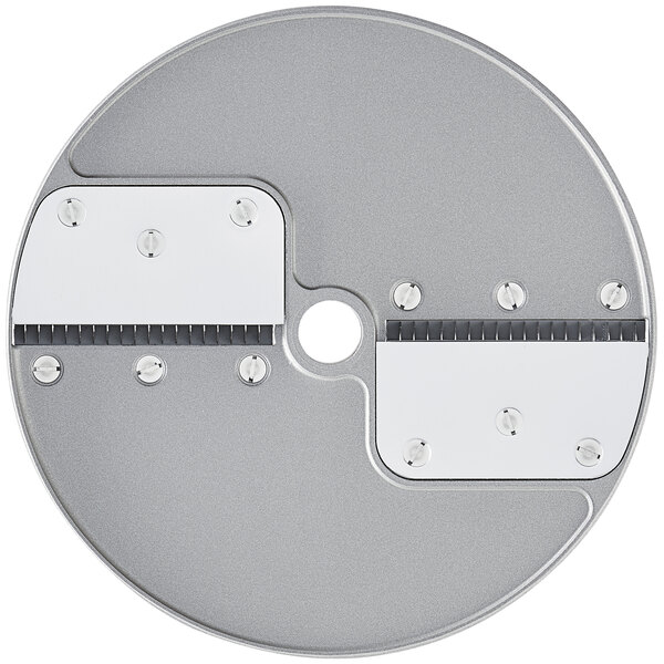 A circular metal Robot Coupe Julienne Cutting Disc with two holes.