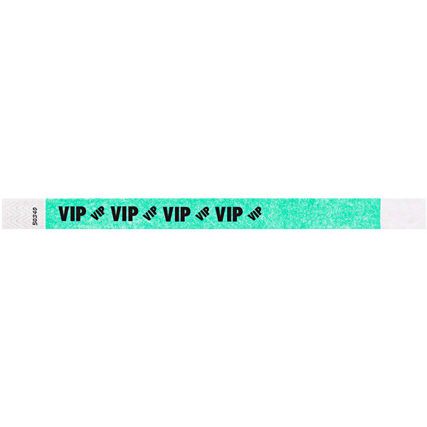 A green Carnival King Tyvek wristband with the word "VIP" in black.